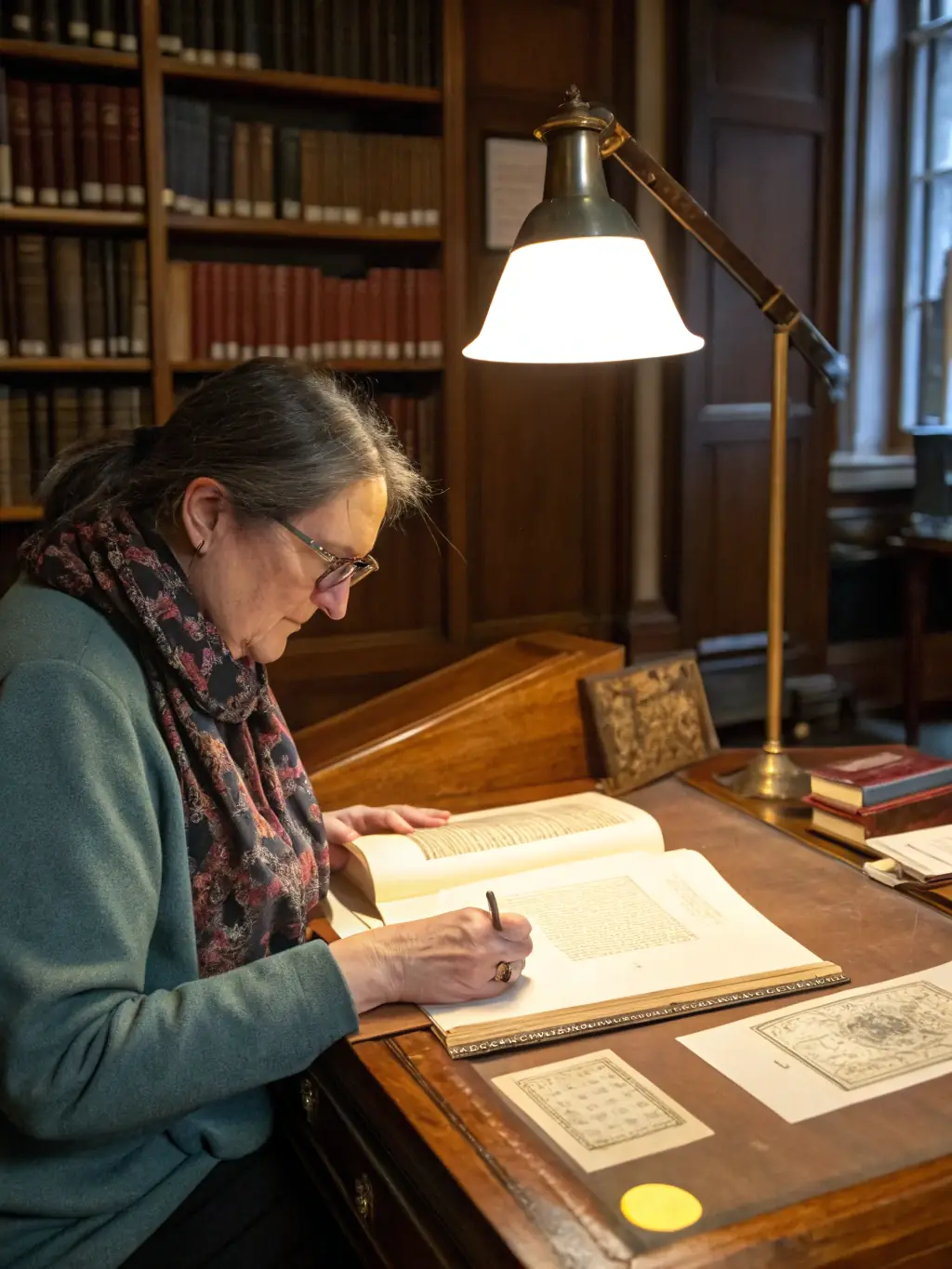 A researcher examining historical documents in a well-lit archive room, representing the Research and Documentation initiative.
