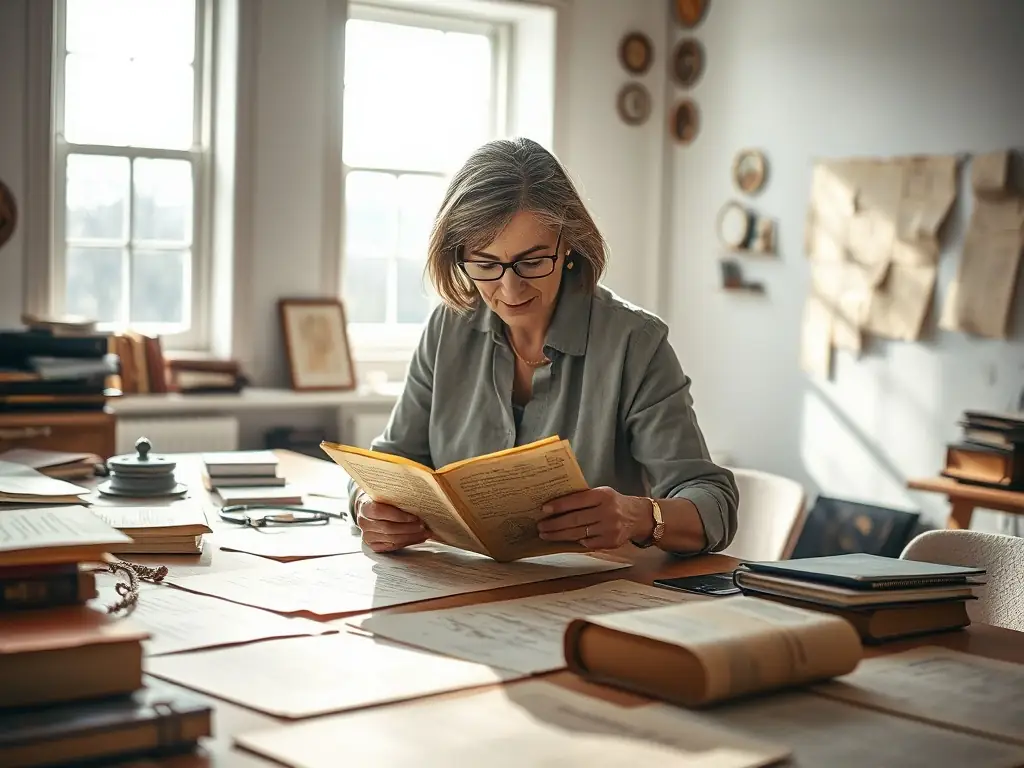 A group of researchers examining old documents and maps in a well-lit archive, symbolizing the Research and Documentation initiative.