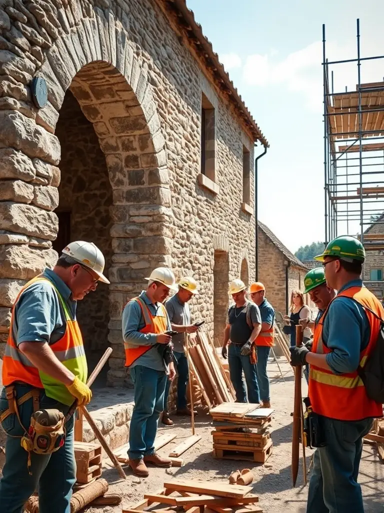 An image of volunteers restoring a historic monument with tools and preservation materials, showcasing the Heritage Conservation program.