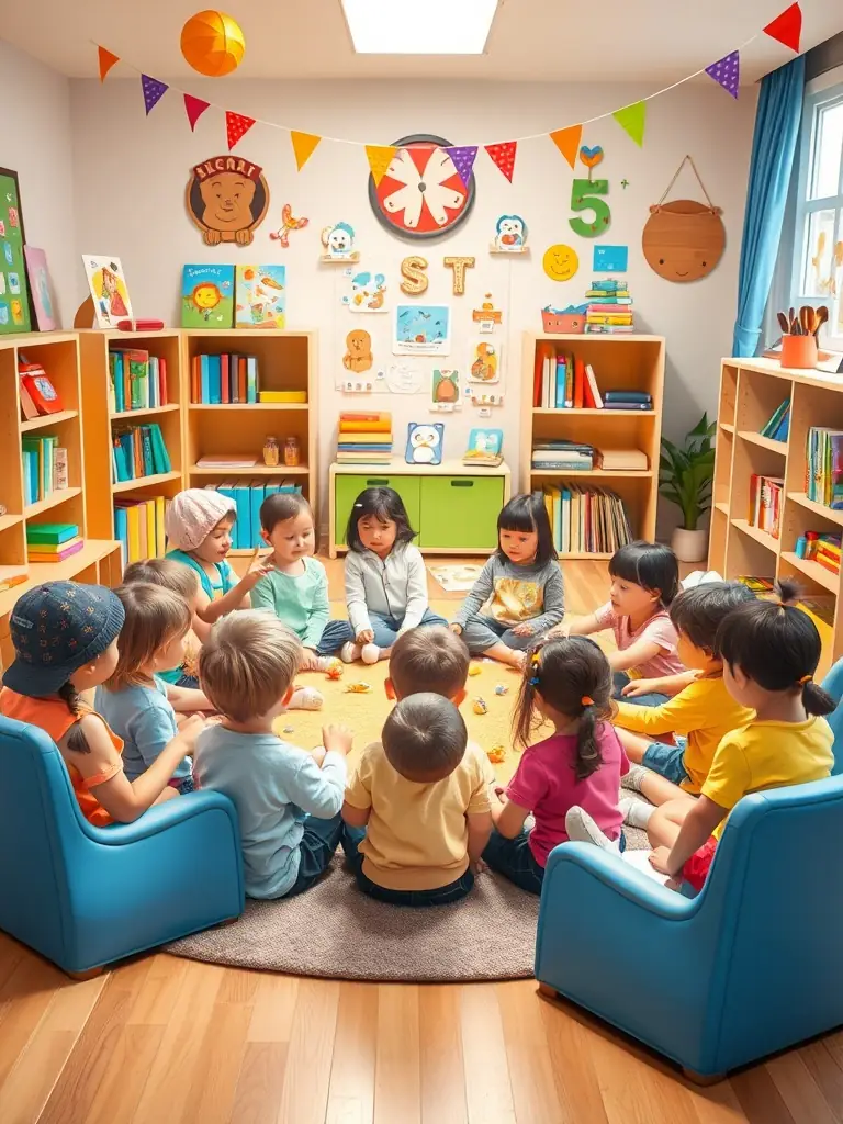 A group of children actively participating in a storytelling session about P. Boujut, held in a local community center, with a focus on engaging the younger generation.