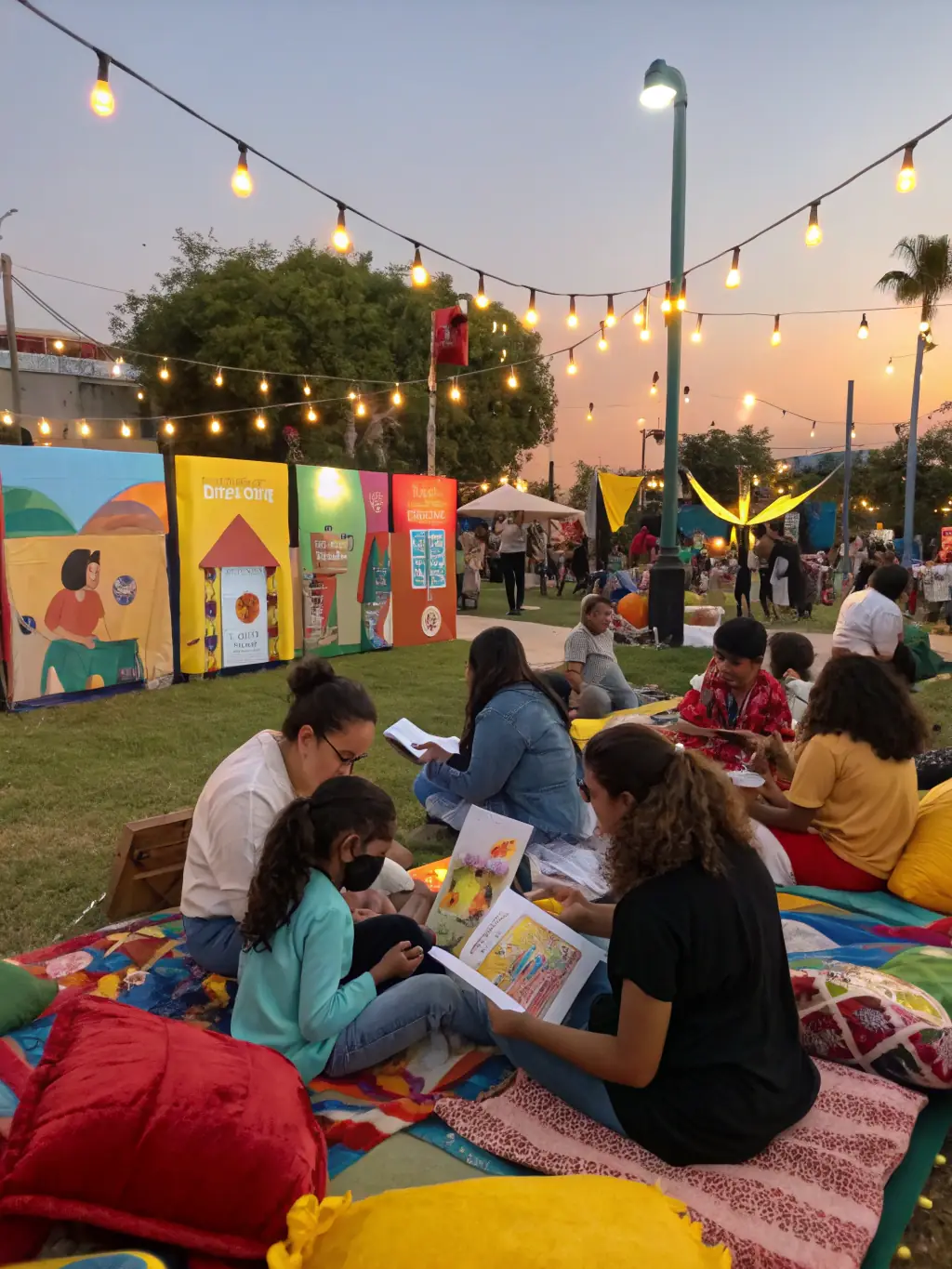 A lively community event with people listening to a storyteller in front of historical artifacts, illustrating the Cultural Engagement Programs.