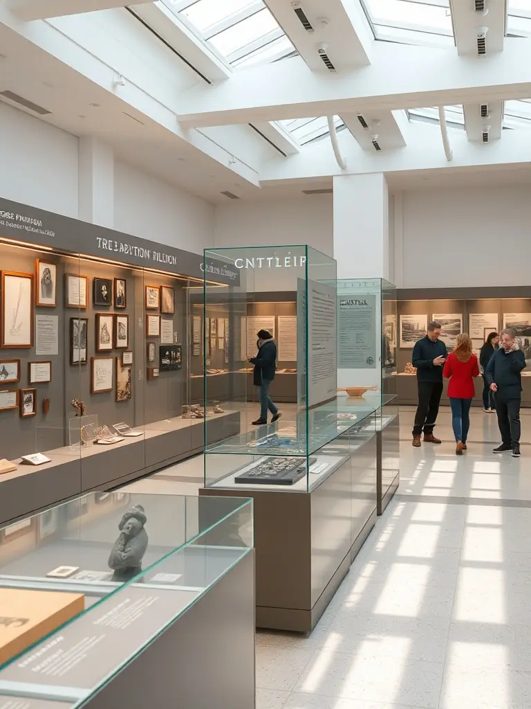 A photograph of an exhibition showcasing artifacts and documents related to P. Boujut and the Tour de Feu, attracting visitors of all ages.